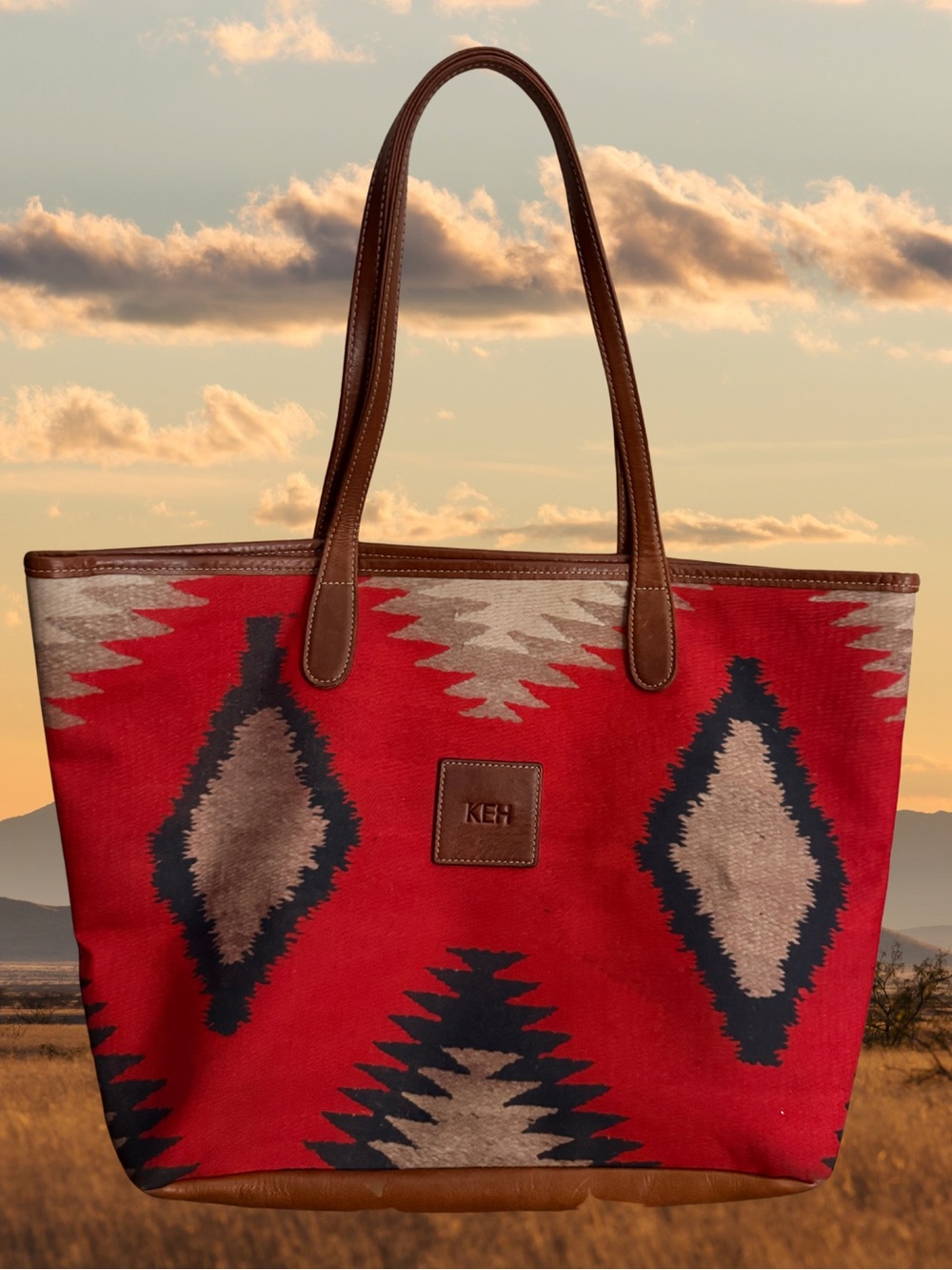 Barrington Red & Navy Aztec-Pattern Tote with Brown Leather Trim